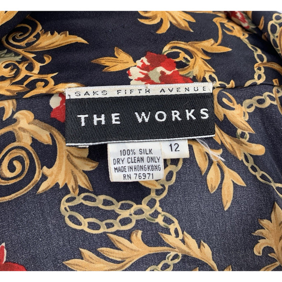 Vintage Silk Blouse Black Gold Key Baroque Chain Floral Print Top Saks 12 - Picture 13 of 14